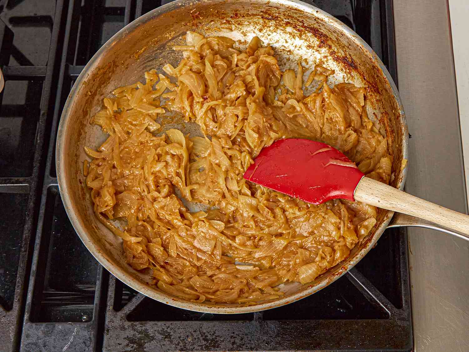 Overhead view of browned onions