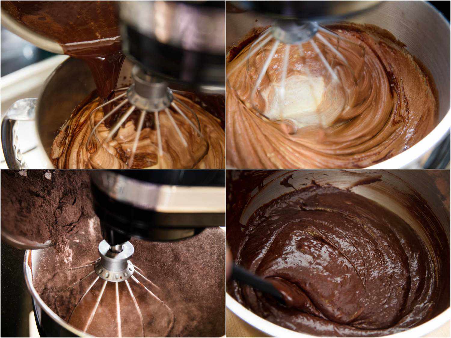A collage of four photos showing melted butter and chocolate being added to brownie batter in a mixer, then cocoa powder being added to the brownie batter, and the ingredients being incorporated with a spatula. 