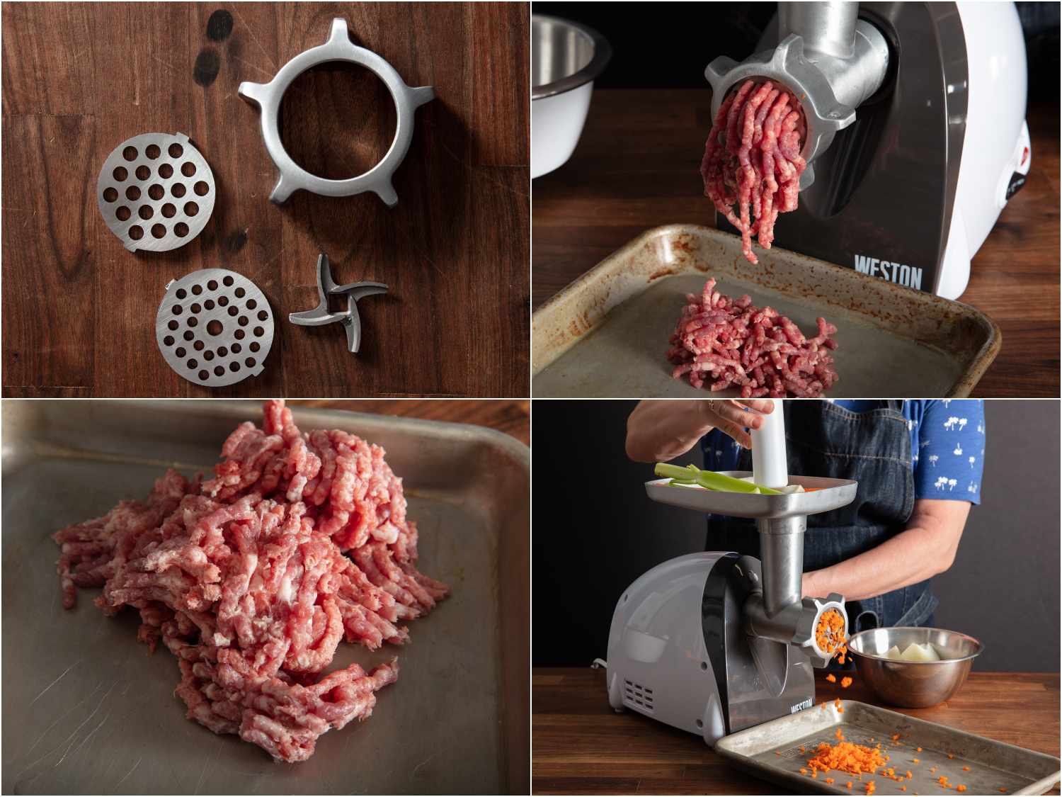 Weston meat grinder features: metal parts; grinding meat; ground pork; grinding mirepoix