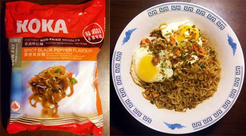 A package and a bowl of Koka Instant Non-Fried Noodles, Spicy Black Pepper. Flavor