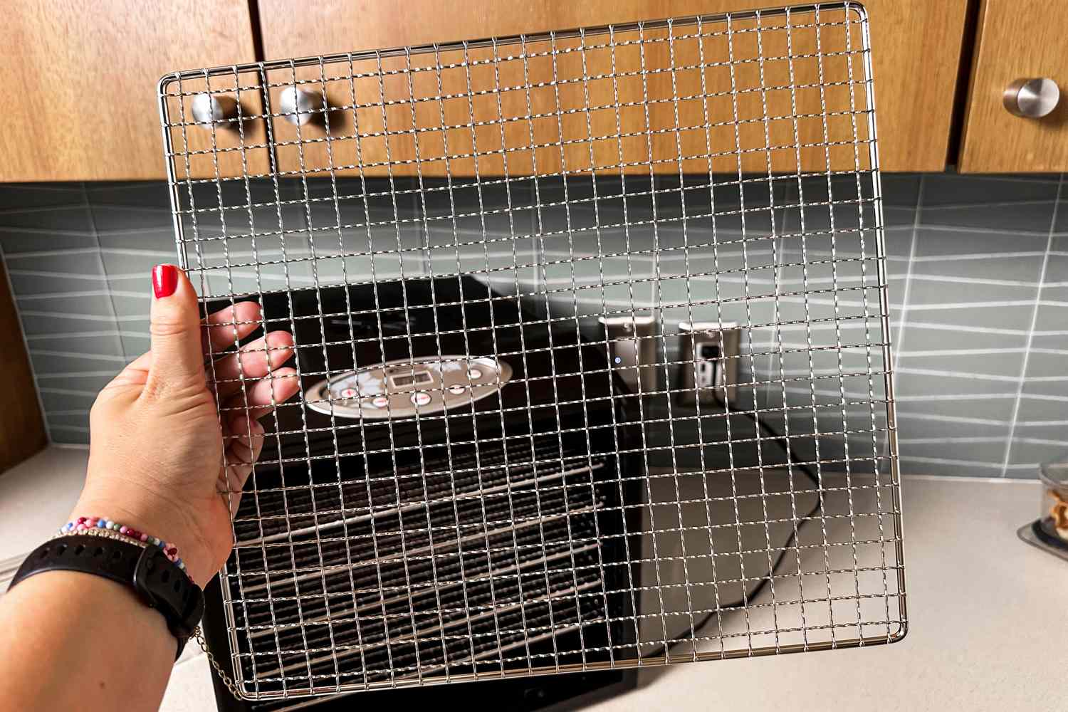 A person holding the stainless steel rack of the Samson Silent food dehydrator