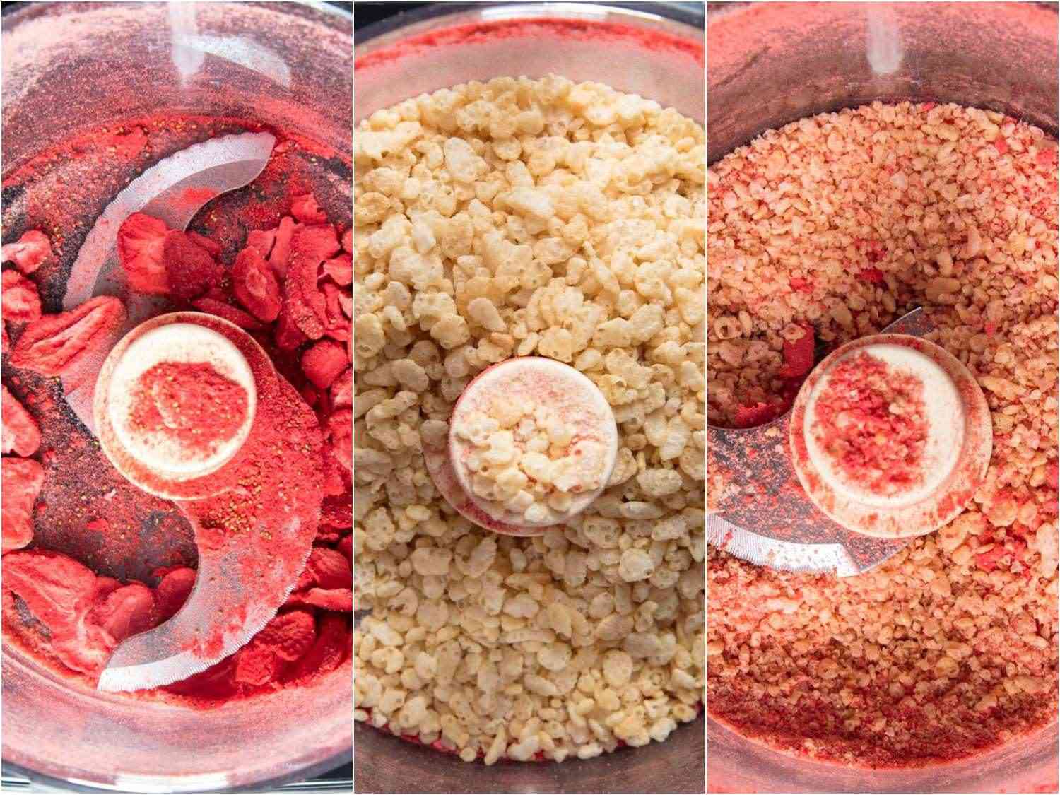 A three-image collage. The left image shows freeze-dried strawberries in a food processor. The middle image shows adding the crispy puffed rice to the same food processor. The right image shows the mixture combined. 