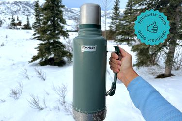 a person holding the stanley thermos in front of the alaskan wilderness