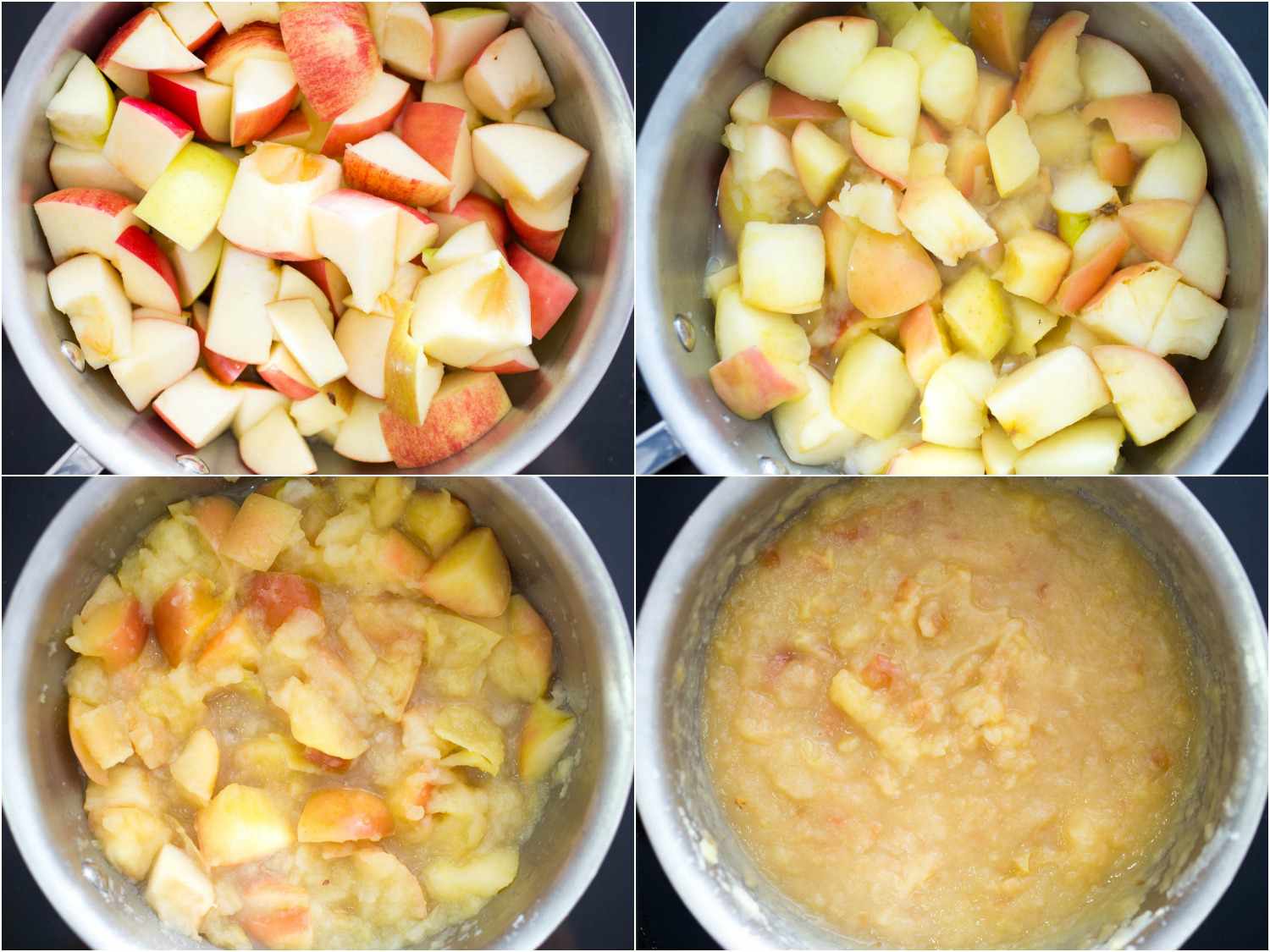 Photo collage of apples in various stages of breakdown as they cook down into applesauce.