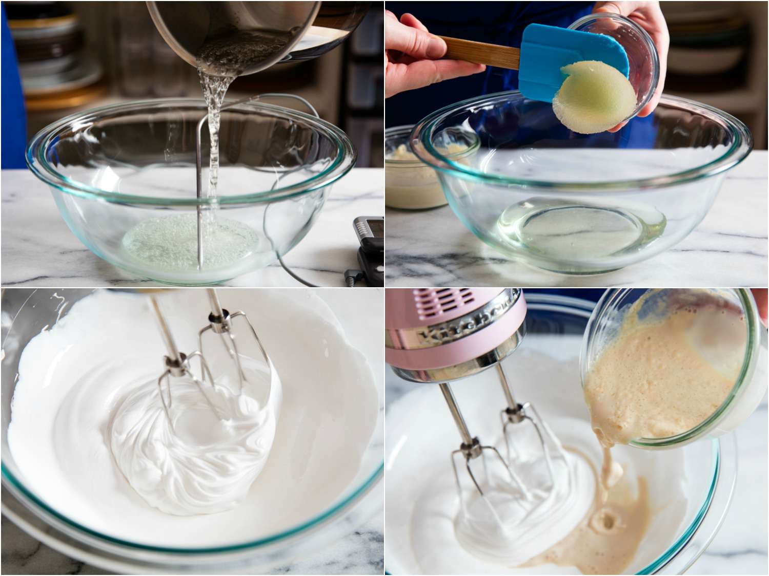 A collage: transferring sugar syrup in a bowl, adding bloomed gelatin, whipping the mixture until light and fluffy and adding milk to thin the mixture.