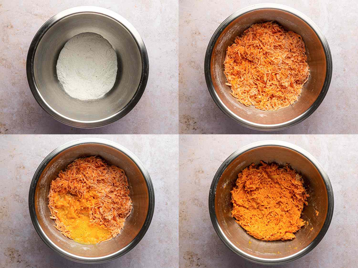 A four-image collage showing a metal bowl containing flour, with the wrung-out potato and onion mixture being added along with egg and then showing it all mixed together.