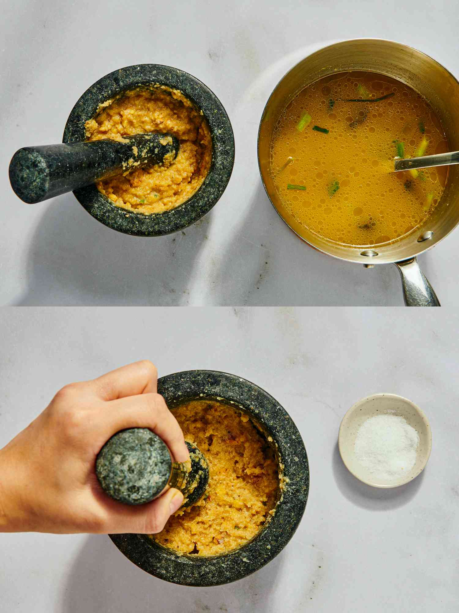 2 image collage. Top: garlic, pork rinds and salt grinding in a mortar and pestle with pot of broth next to it. Bottom: Pressing the mofongo into the shape of the mortar and pestle. 