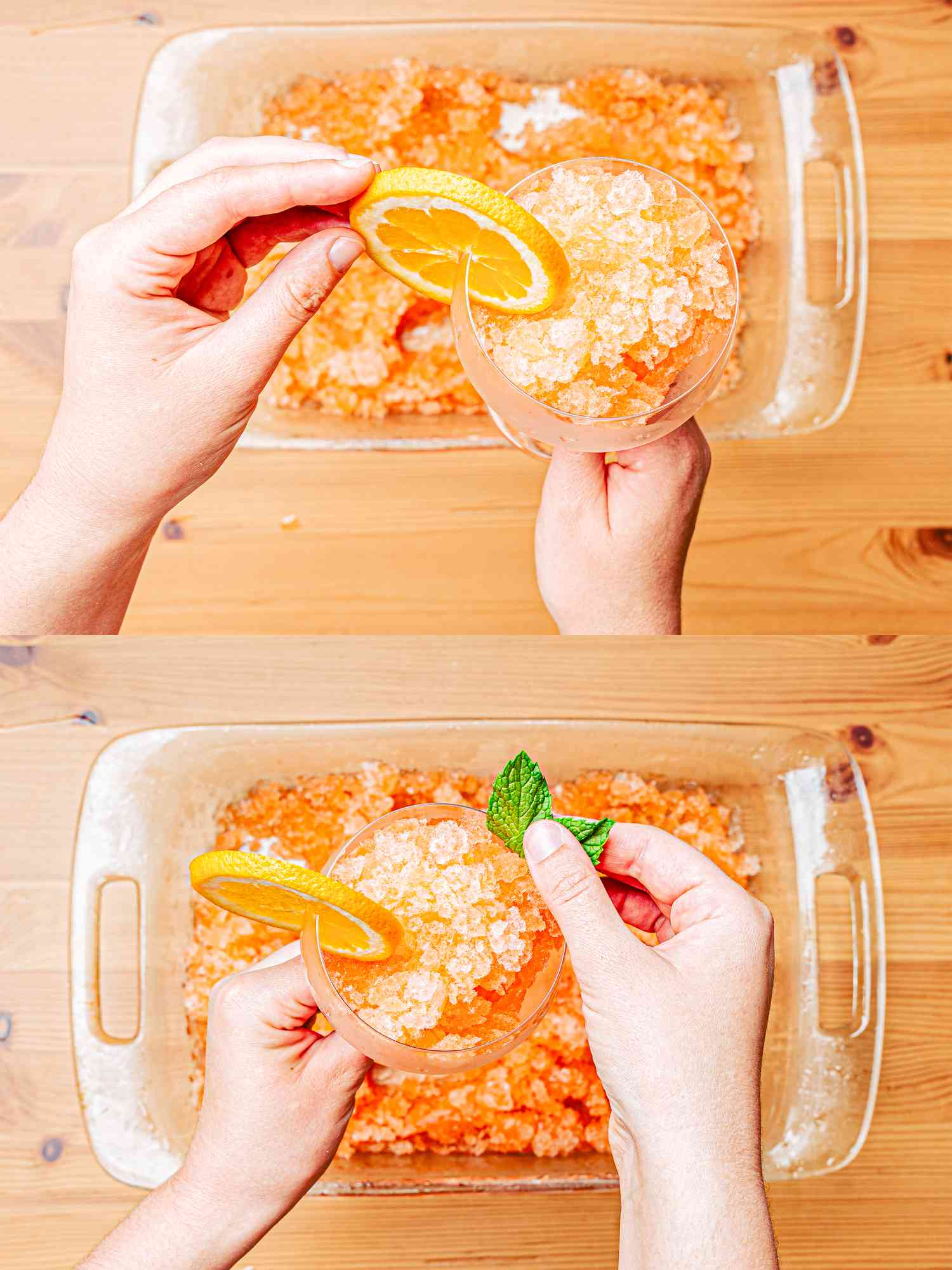 Overhead view of adding garnishes 