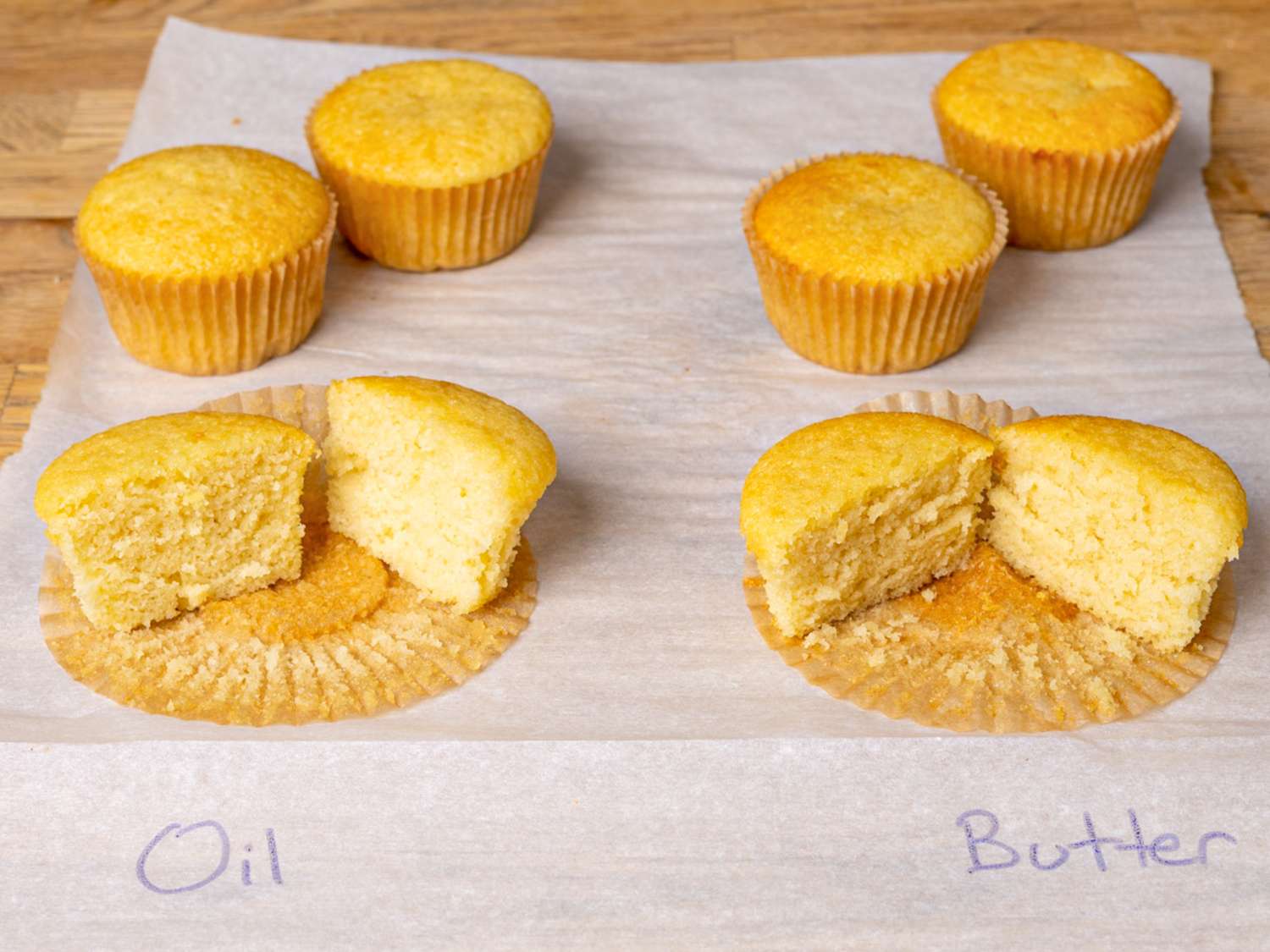 Four muffins labeled Oil and Butter one muffin from each group sliced in half to show texture