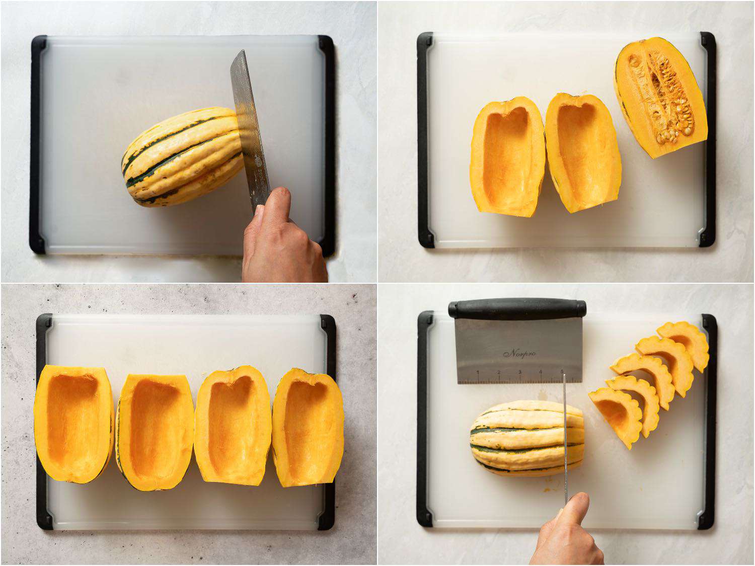 Collage showing how to cut up delicata squash.
