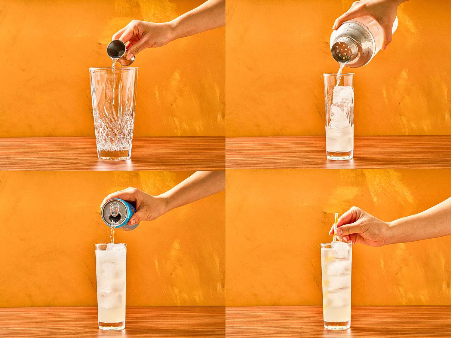 Four steps showing the preparation of a mixed drink with a shaker ice and a can of mixer