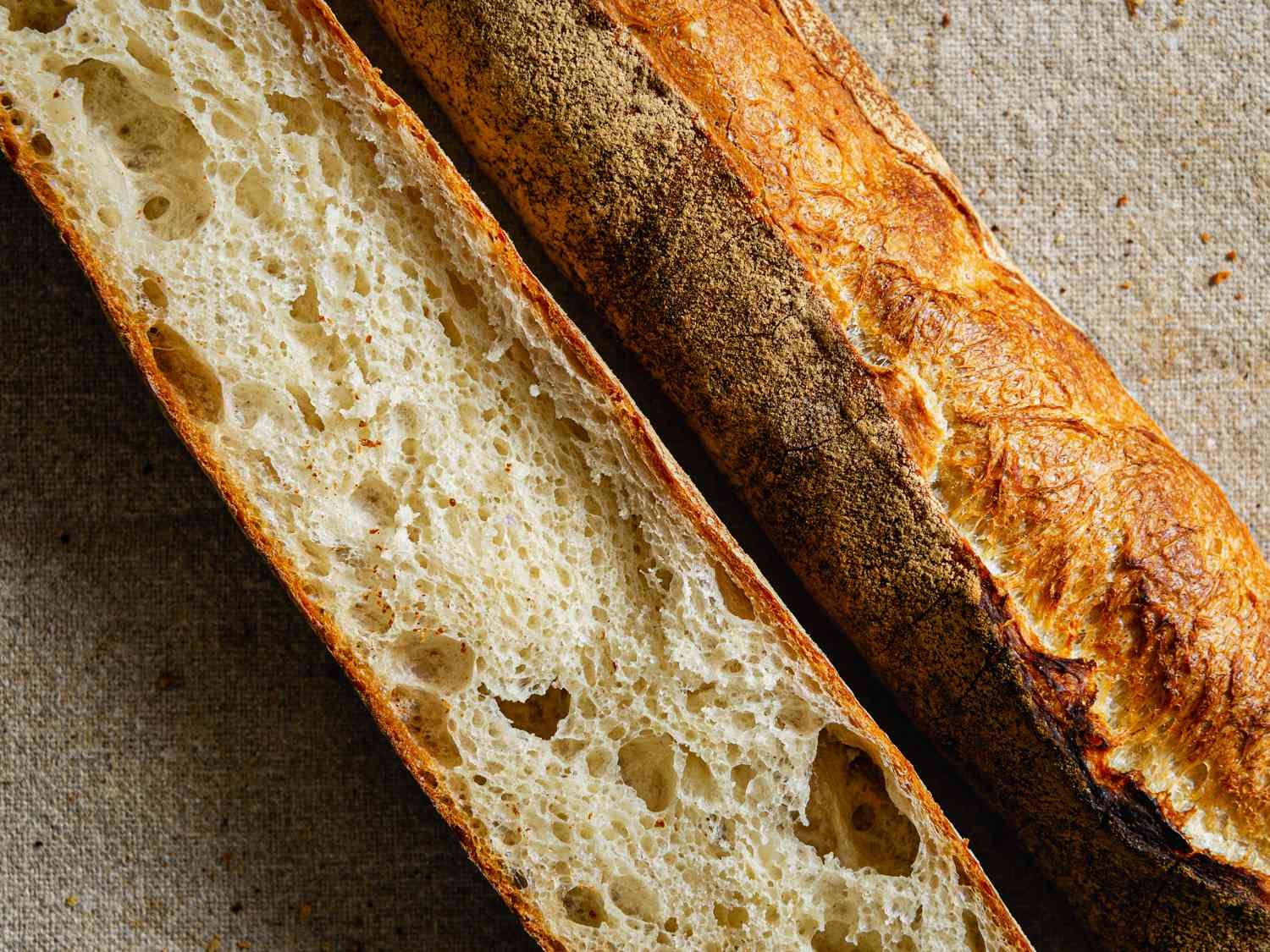 Close up view of inside and outside texture of baguettes 