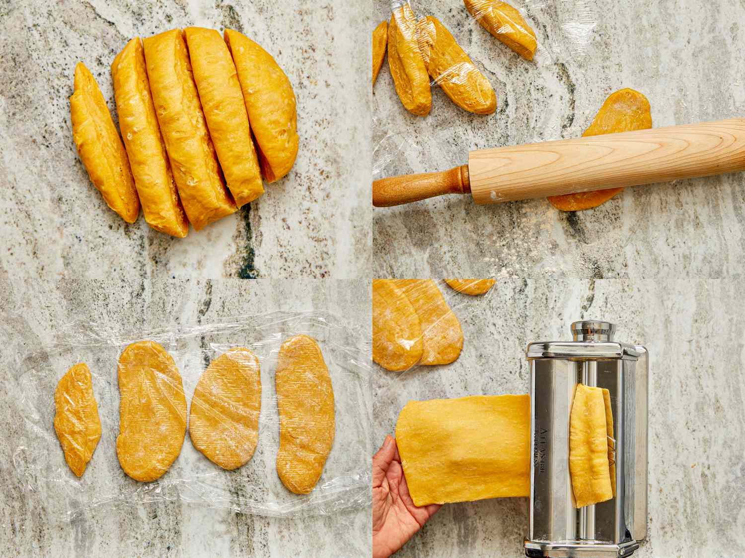 Stepbystep process of rolling and shaping pasta dough using a rolling pin and pasta roller machine