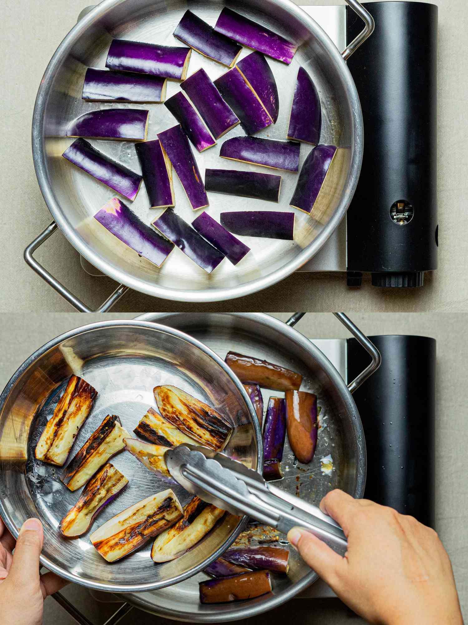 Two image collage of cooking eggplant