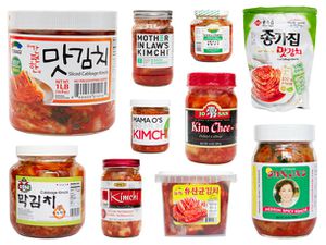 An assortment of storebought kimchi brands for a taste test. 