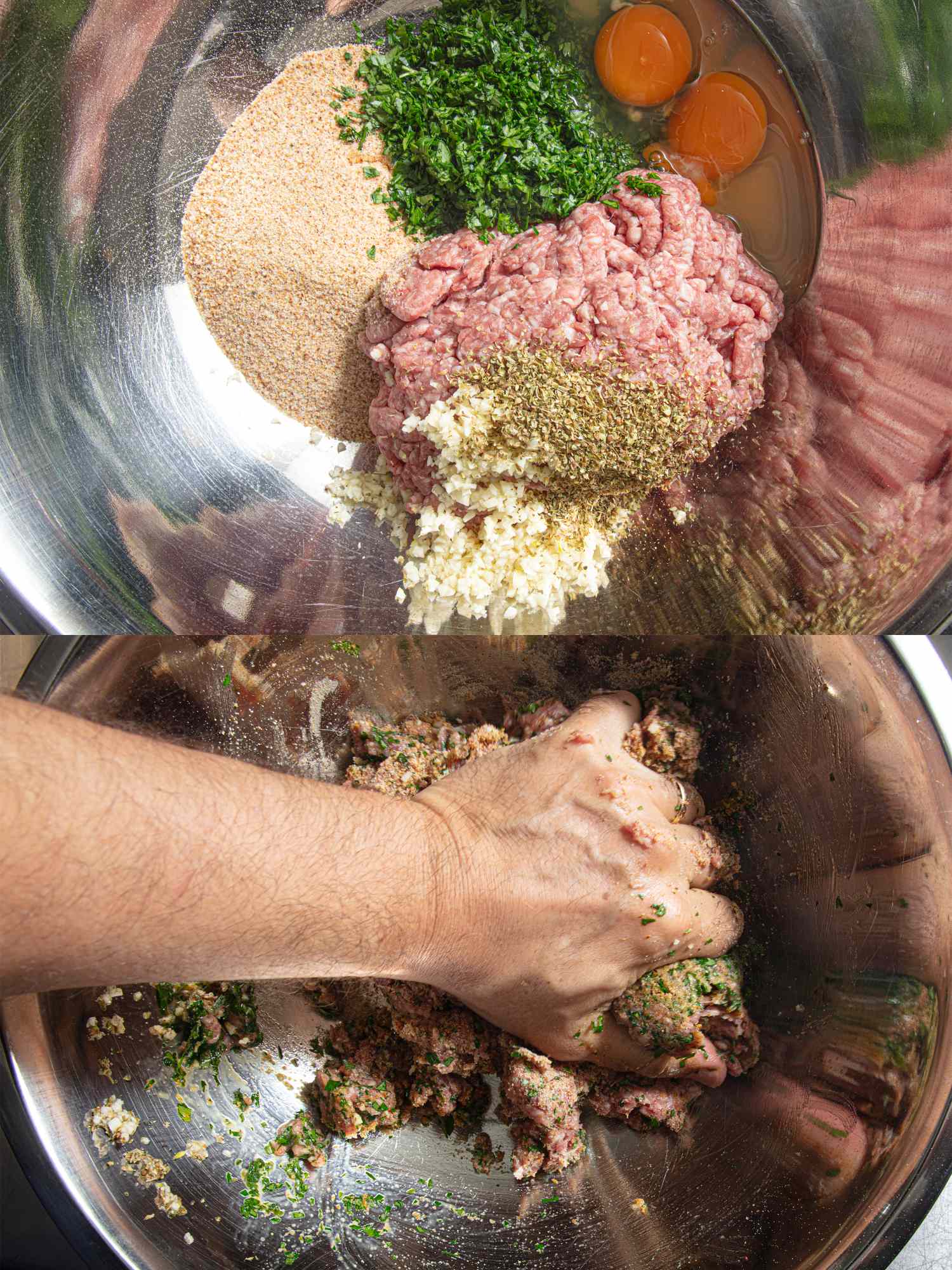 Two images showing the preparation of meatball mixture with ground meat breadcrumbs and herbs in a mixing bowl