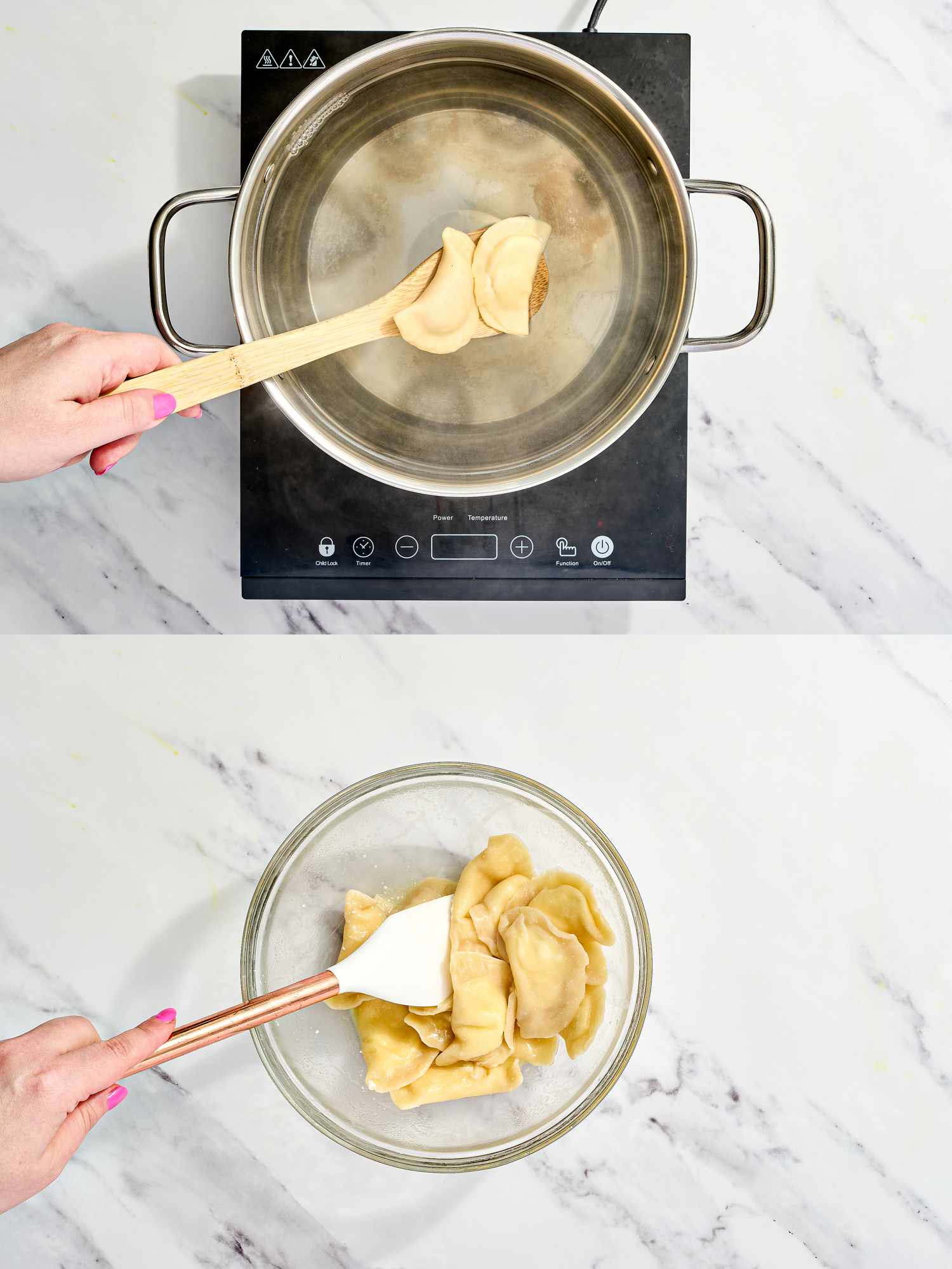 2 Image Collage.Top: Placing dumplings into large pot of boiling water with a wooden spoon. Bottom: Gently mixing dumplings in large bowl with butter 