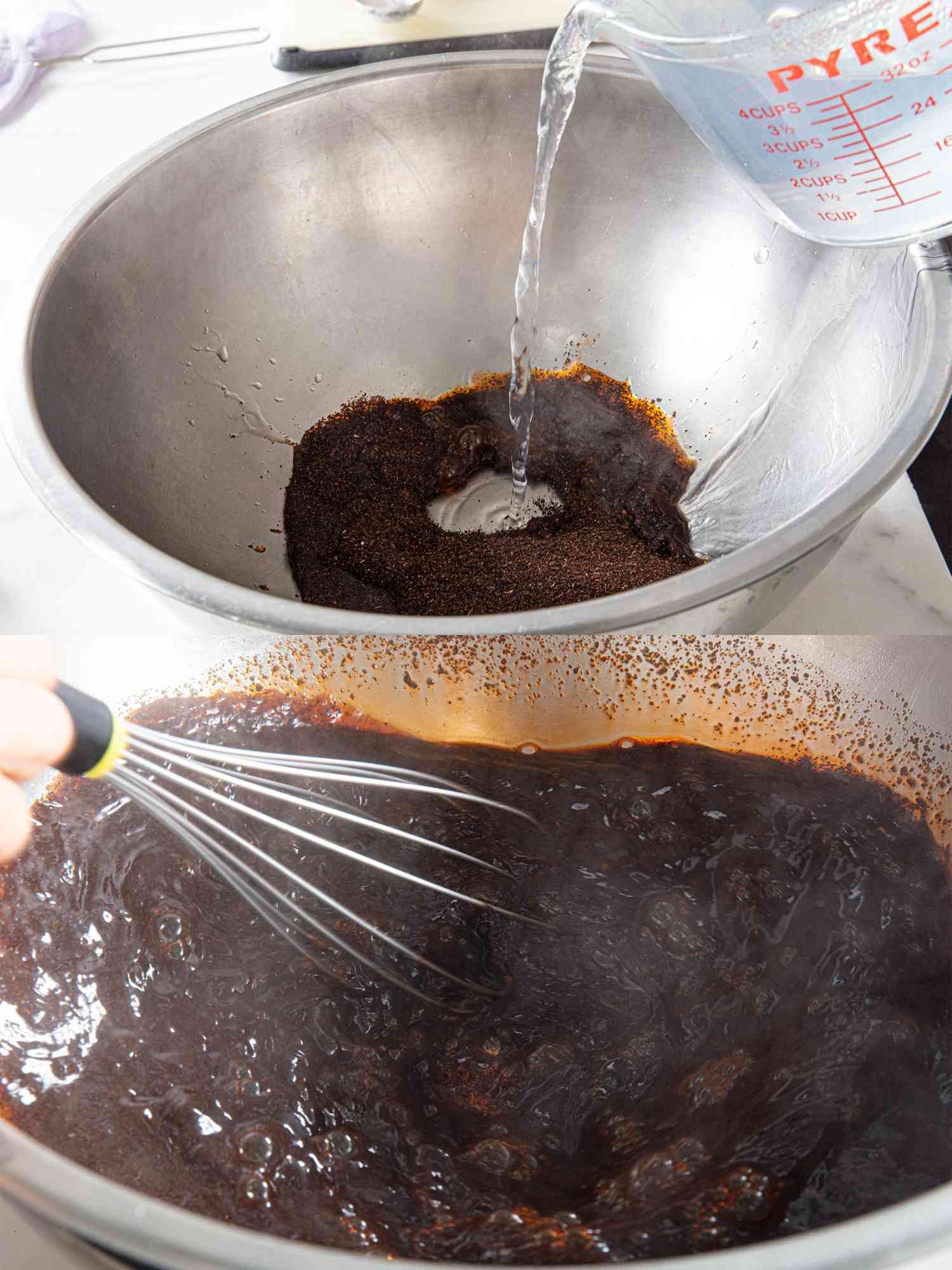 Two image collage of adding boiling water to tea