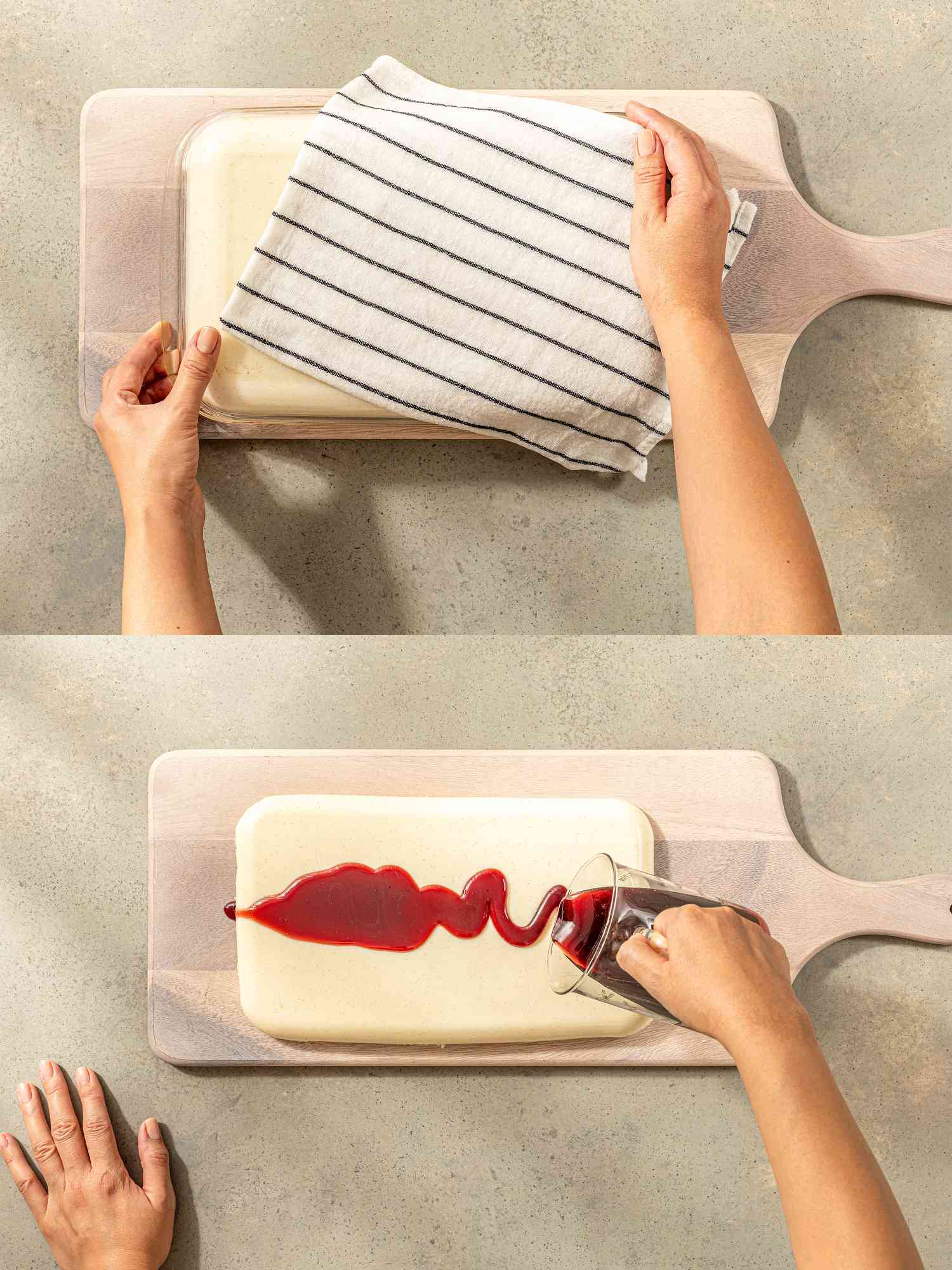 Tow image collage of flipping pudding and adding red wine syrup