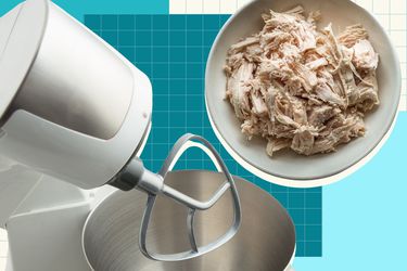 Collage of a stand mixer and shredded chicken 