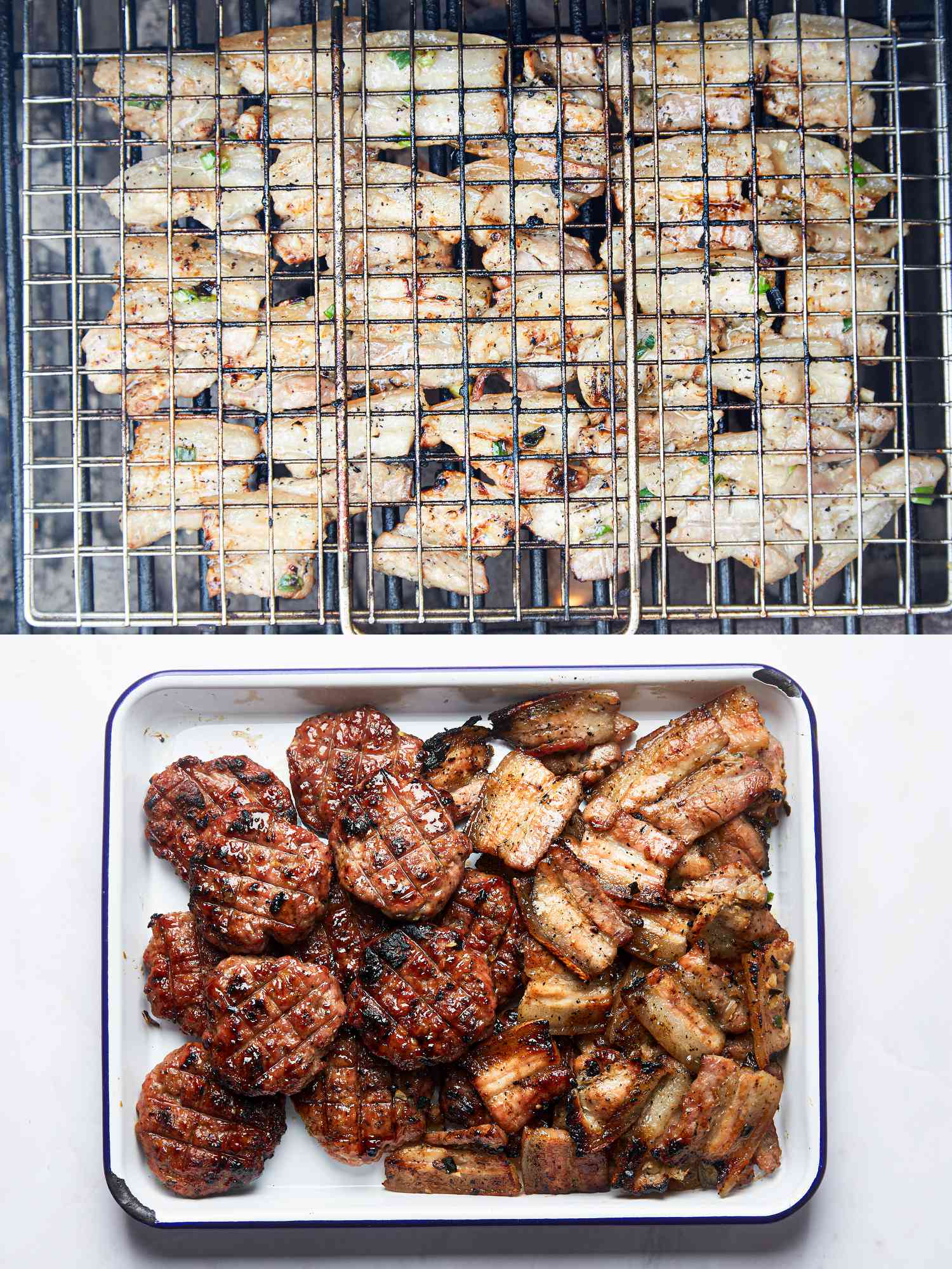 Two image collage of grilling pork belly and grilled pork belly on a platter with pork patties