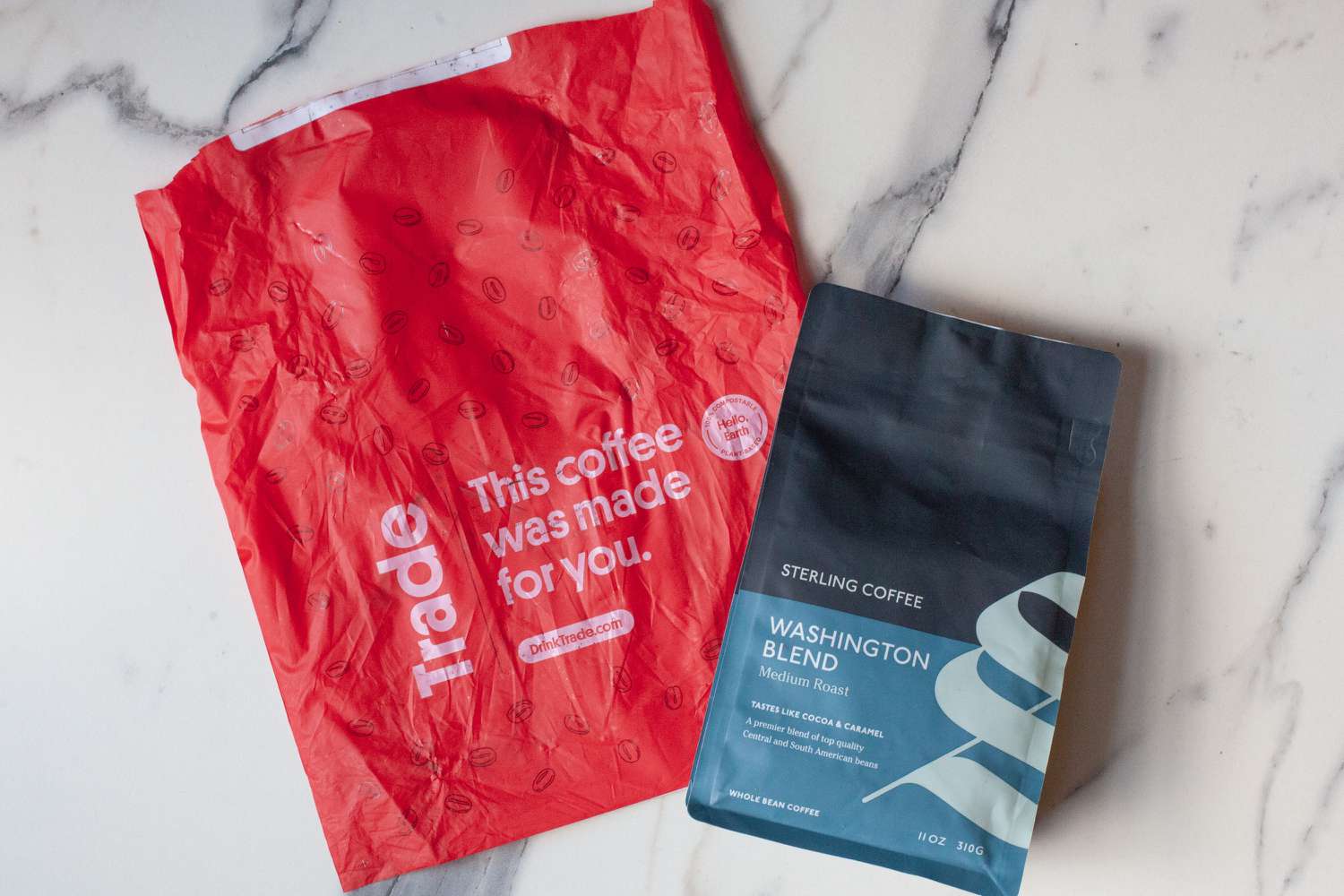 Trade Coffee Subscription on a marble countertop 