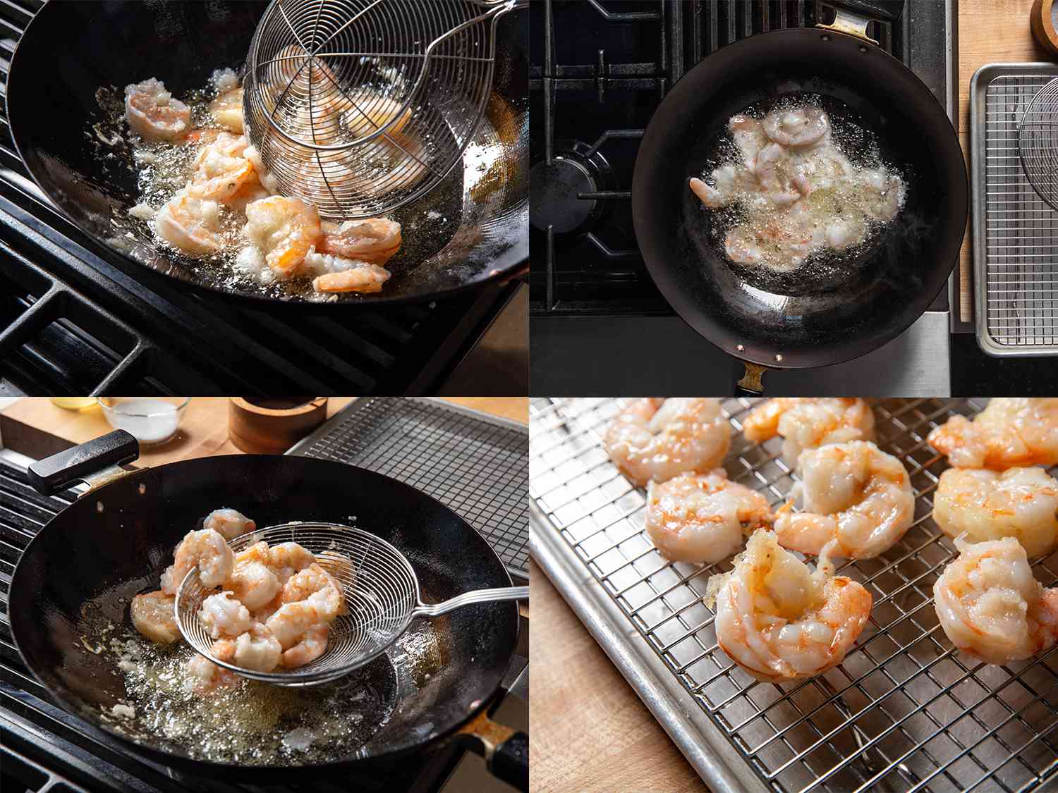 Four image collage of shrimp being placed into a wok with oil, frying in a wok, being scooped out of the wok with a spider, and resting on a wire rack on a baking sheet.