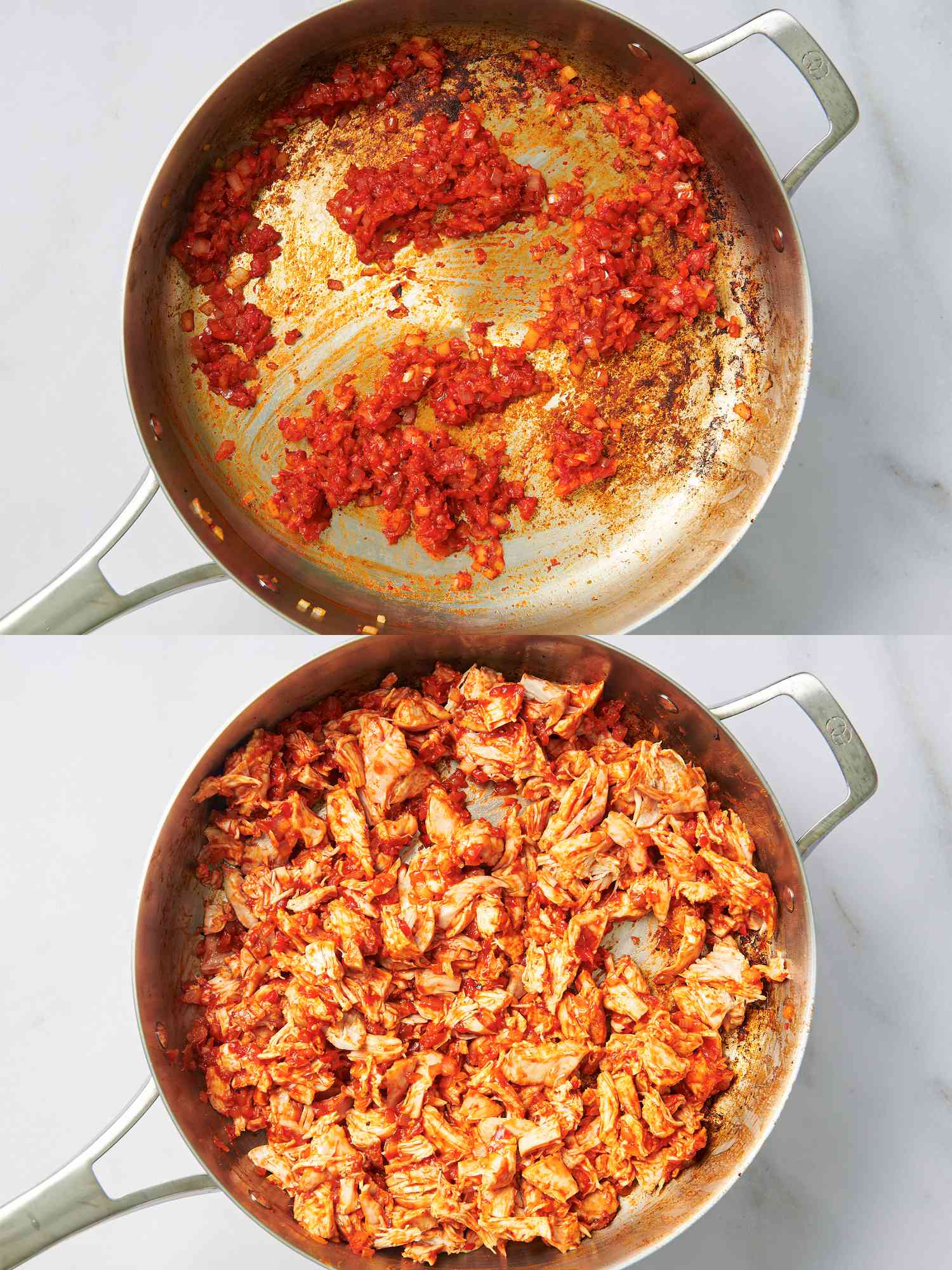 A two-image collage. The top image shows onions, peppers, and tomato paste cooked until darkened in a stainless steel pan. The bottom image shows the chicken added to the pan with ketchup and tossed with the other ingredients until fully coated.