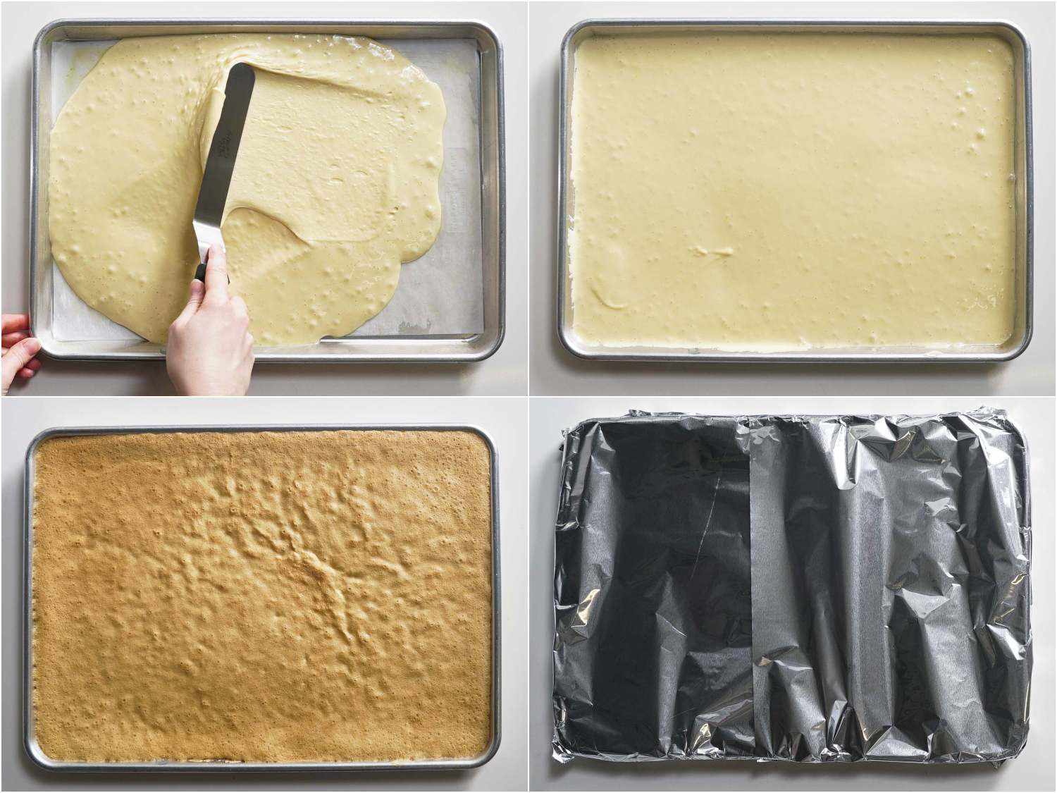 Smoothing the jelly roll batter into an even layer, baking until golden brown, and cooling under foil