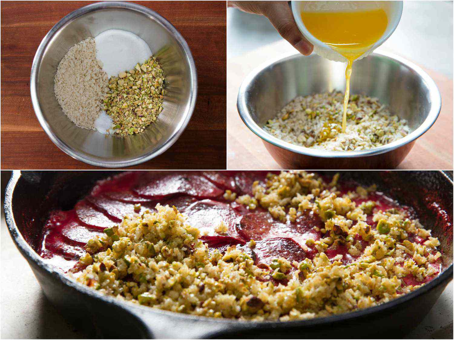 Collage of three images showing the crumble ingredients in a bowl, adding melted butter to the mixture, and sprinkling it all over the beet gratin. 