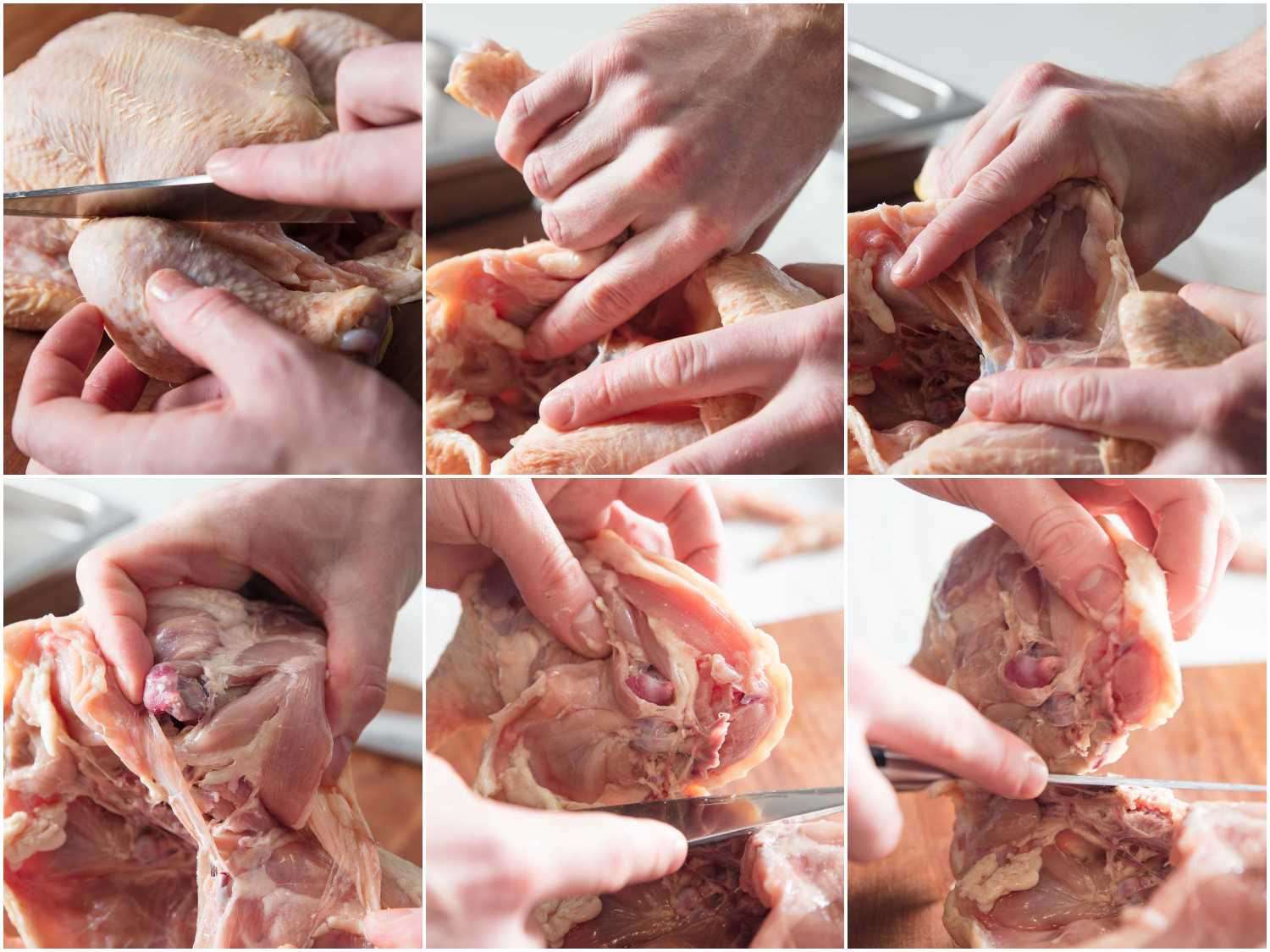 Process shots of separating legs from chicken.