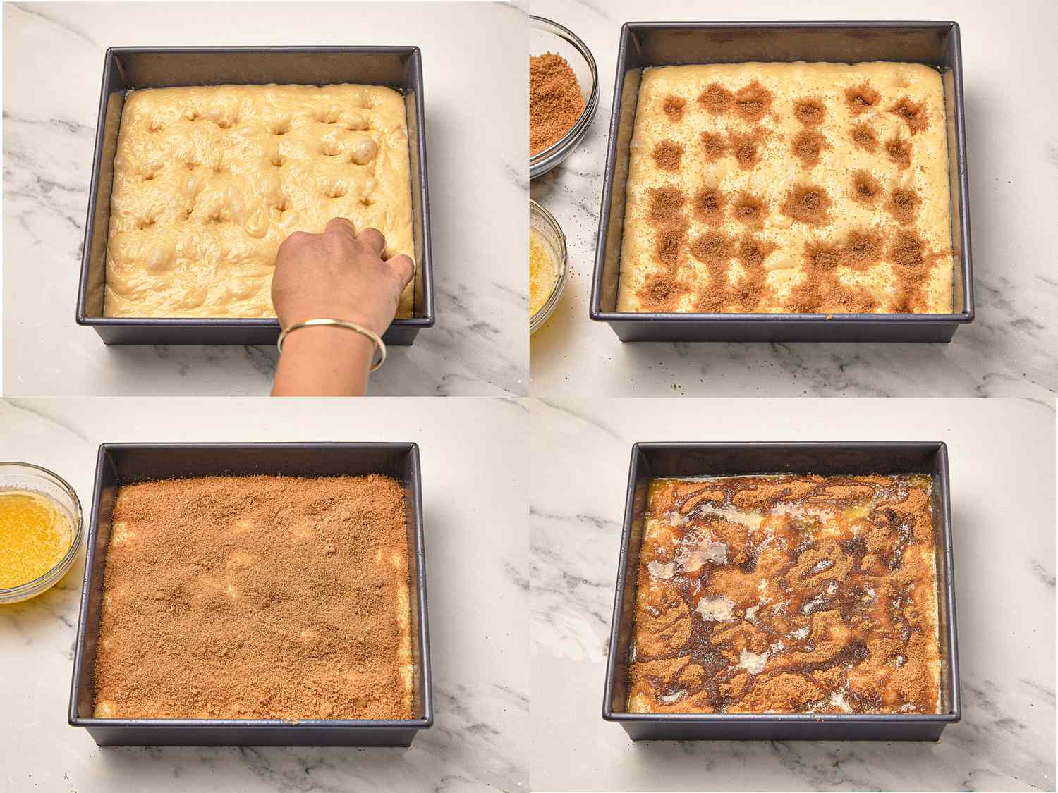 Four image collage of dimpling cake and adding sugar and butter