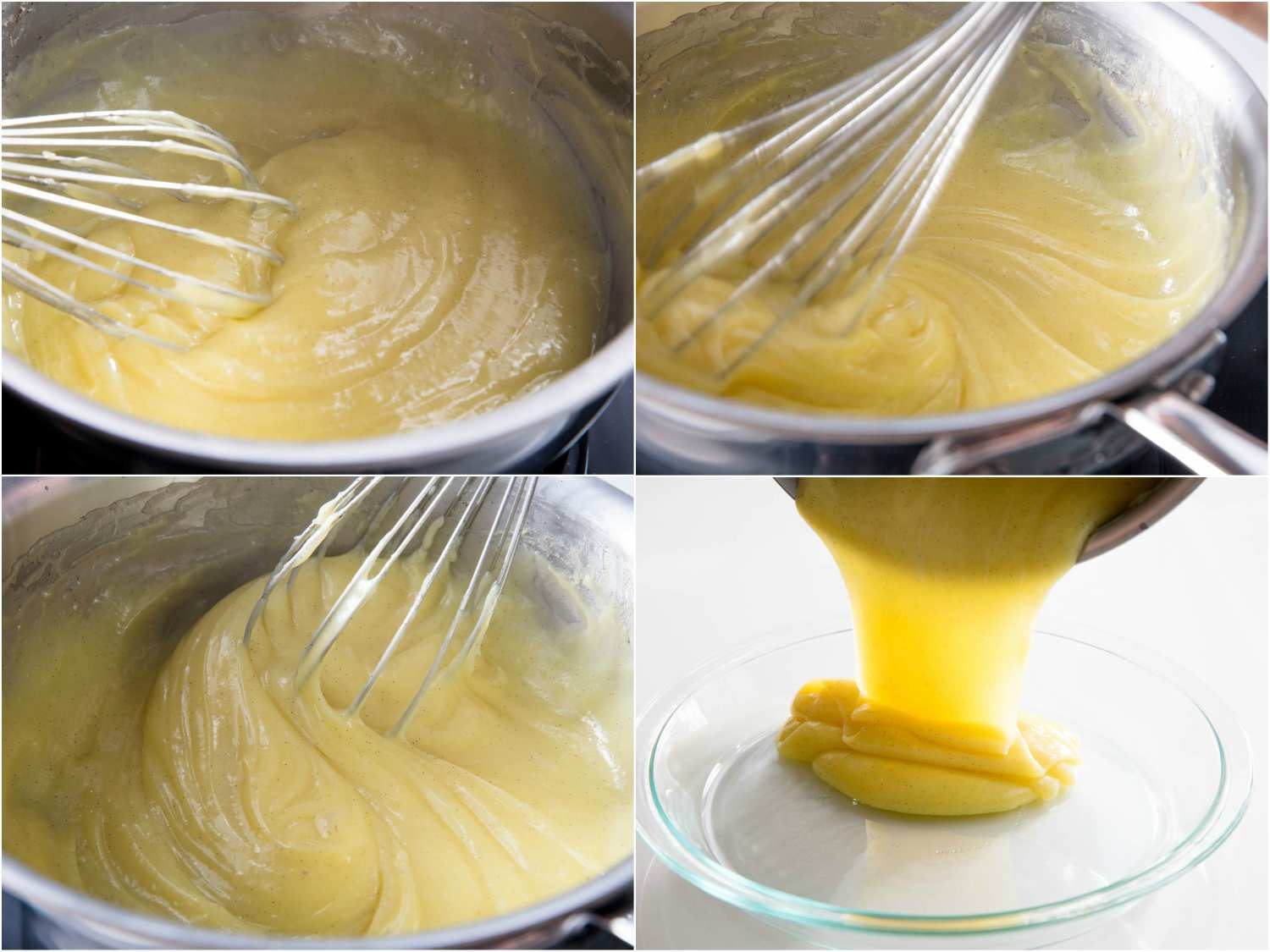 Collage of cooking and cooling custard for German buttercream: whisking warmed steeped milk with custard base until it's thick; transferring the custard into a baking dish.