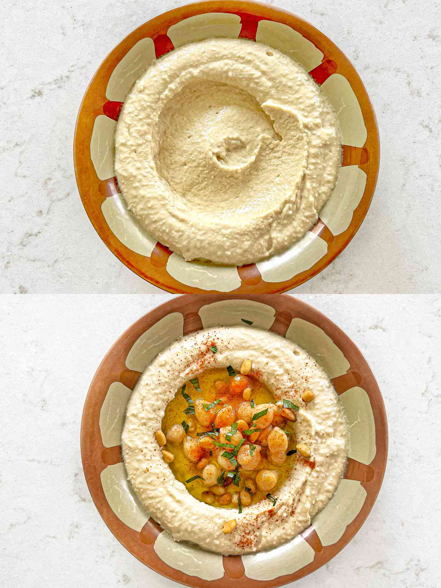 Two image collage of finished hummus