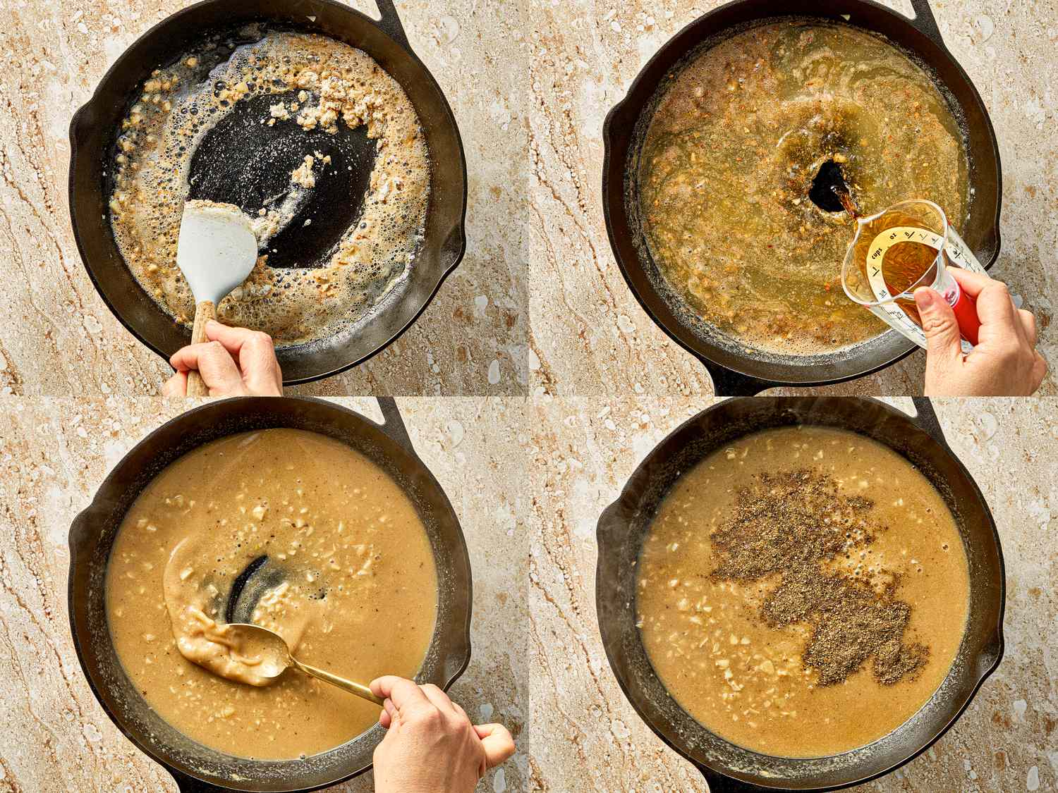 Stepbystep preparation of a sauce in a skillet showing stirring and adding ingredients