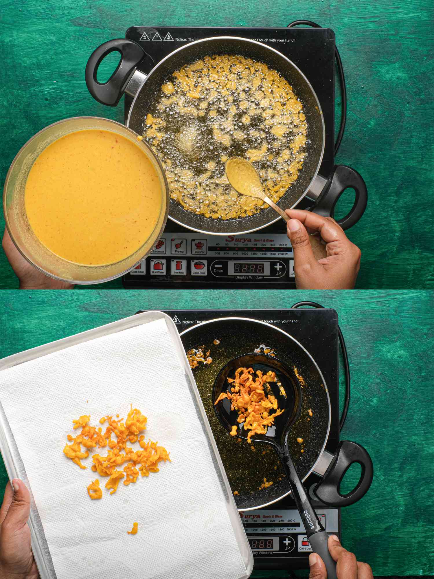 Two image collage of frying batter and removing it from pan