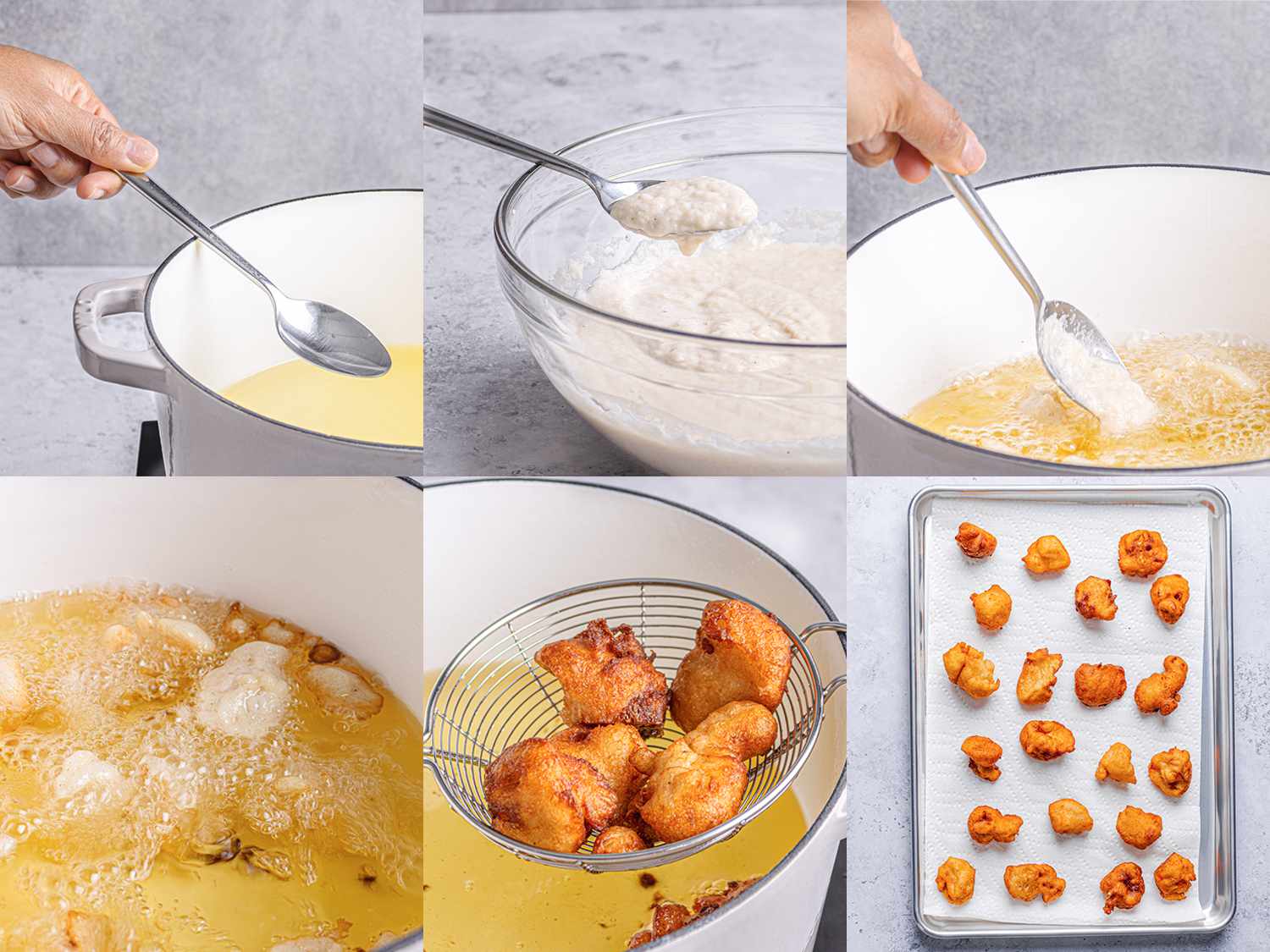 6 image collage. Top Three from Left to Right: dipping metal spooning into hot oil; dipping oiled spoon into batter; dropping batter into hot oil. Bottom row from left to right: batter frying in hot oil; fritters being lifted out of out oil using a spider' fritters on a paper plate. 