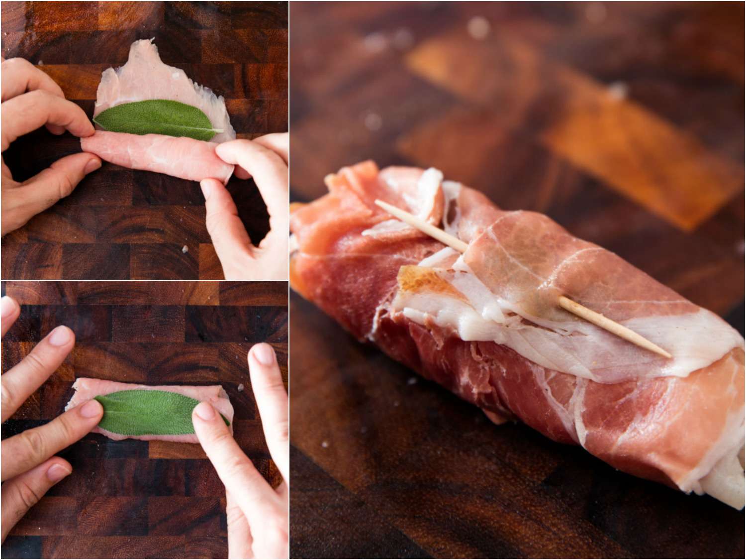 A 3-image collage of rolling flattened veal with fresh sage and prosciutto secured with toothpick.