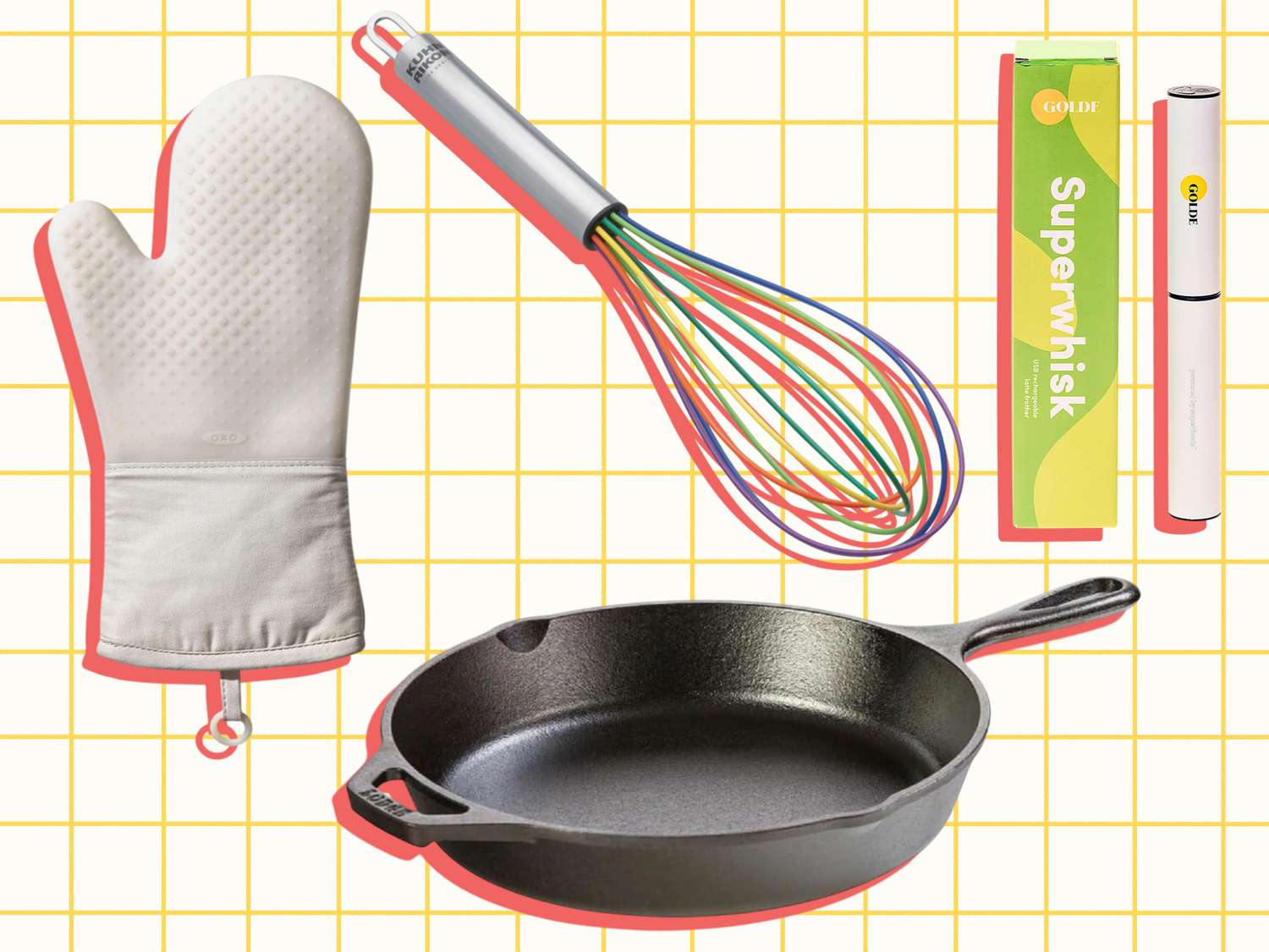 A collection of kitchen tools including a white oven mitt a black skillet a multicolored whisk and a packaging labeled Superwhisk