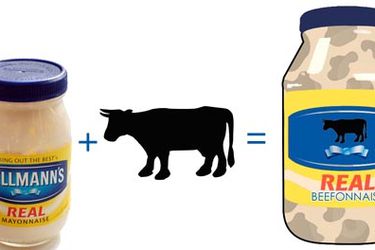 An equation showing a jar of Hellmann's mayonnaise, a plus sign, a silhoutte of a cow, an equals sign and a jar of "beefonnaise."