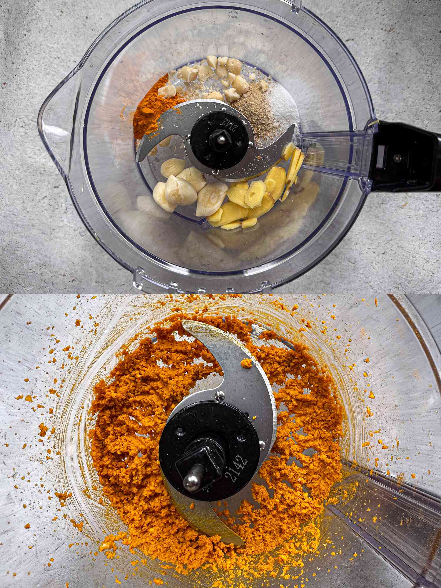 2 image collage. Top: ood processor with peppercorn mixture, crushed candlenuts or macadamias, garlic, ginger, turmeric and salt . Bottom: spice mixture after being blended 