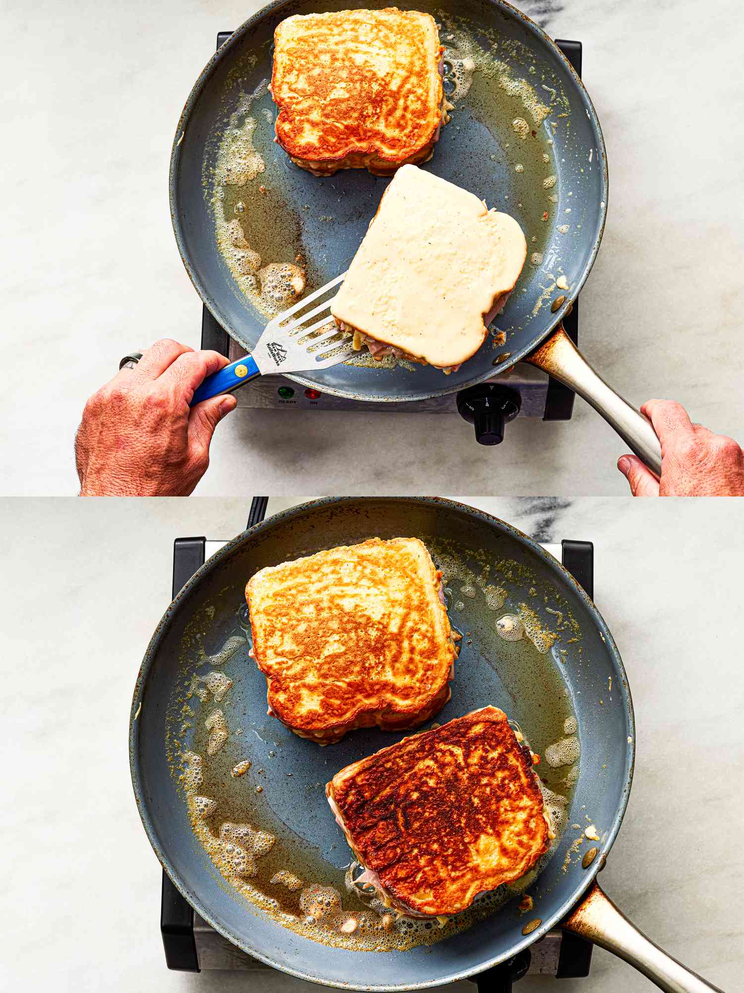 Two image collage of flipping sandwiches