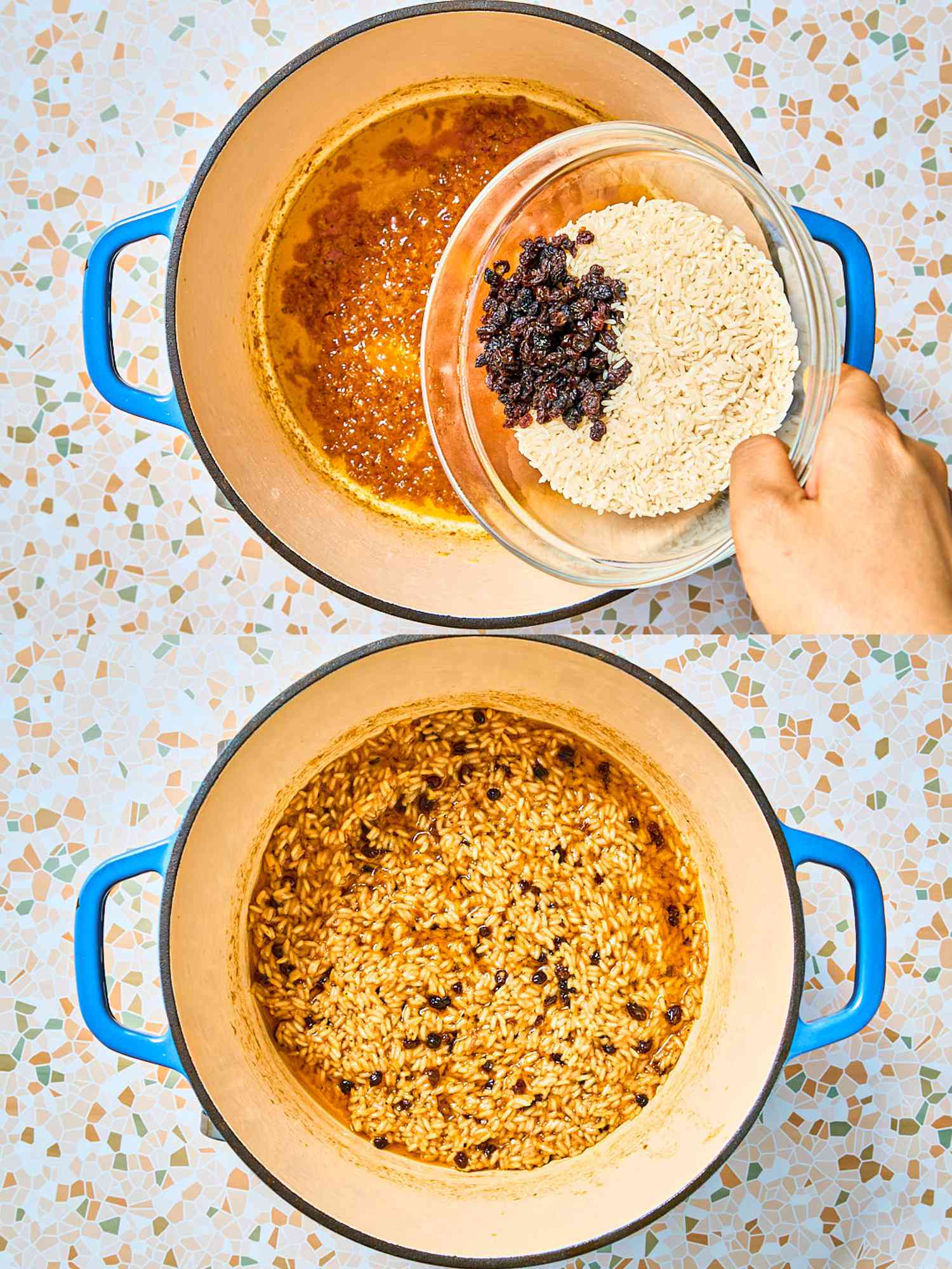 Two image collage of adding currants and rice and cooking with onions