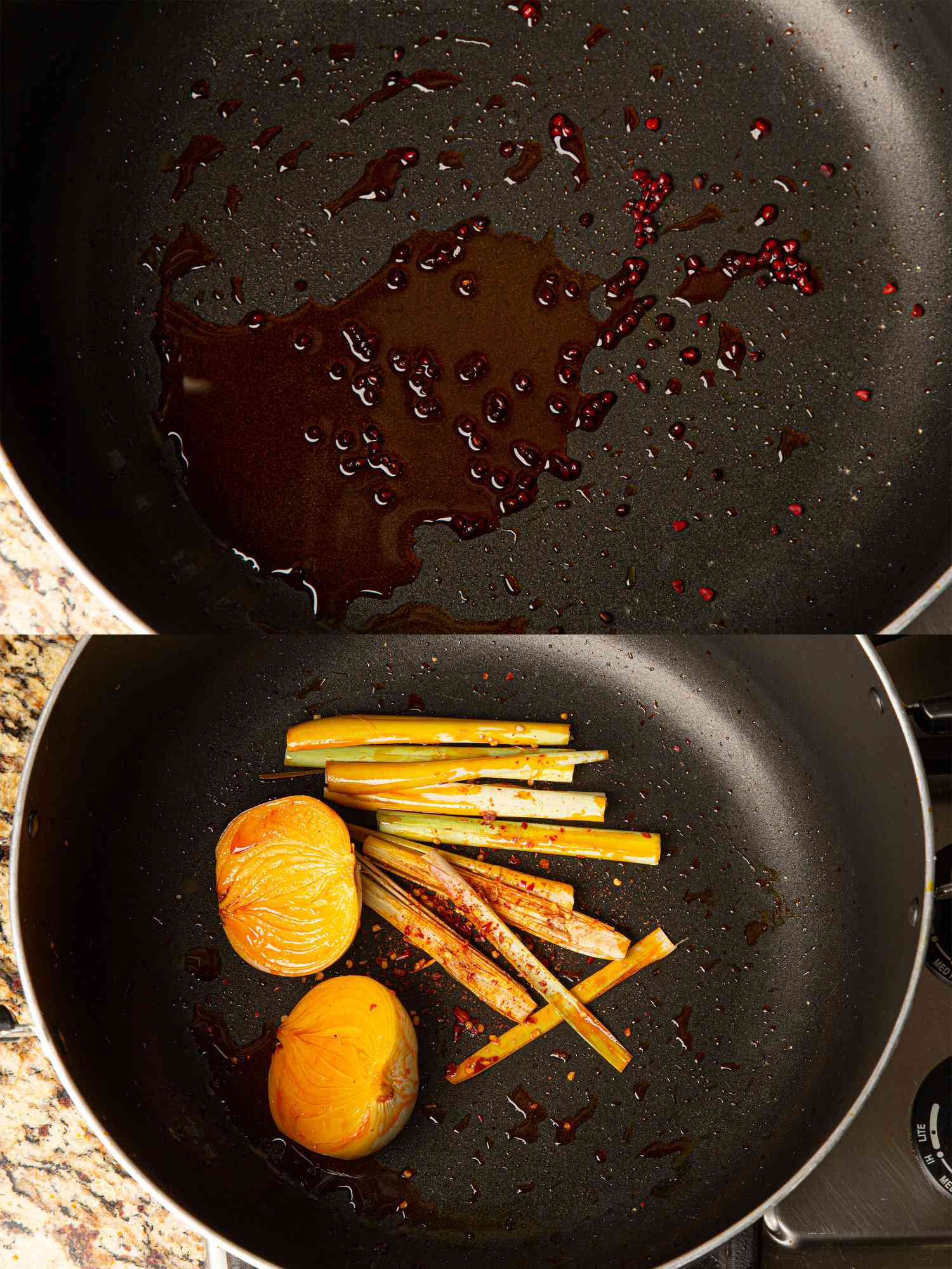 Two image collage of heating annatto seeds and adding onion, lemongrass, and chile flakes to pan. 