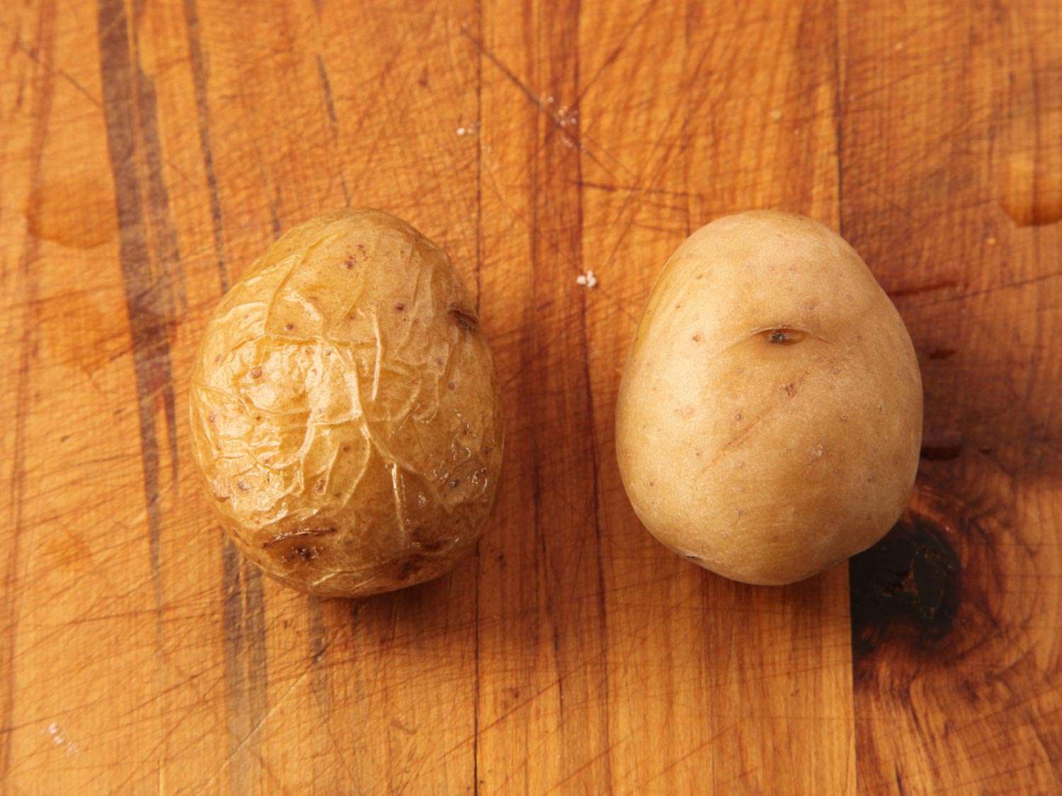 The thinner, more delicate skin of a salt-boiled potato versus one cooked in plain water.