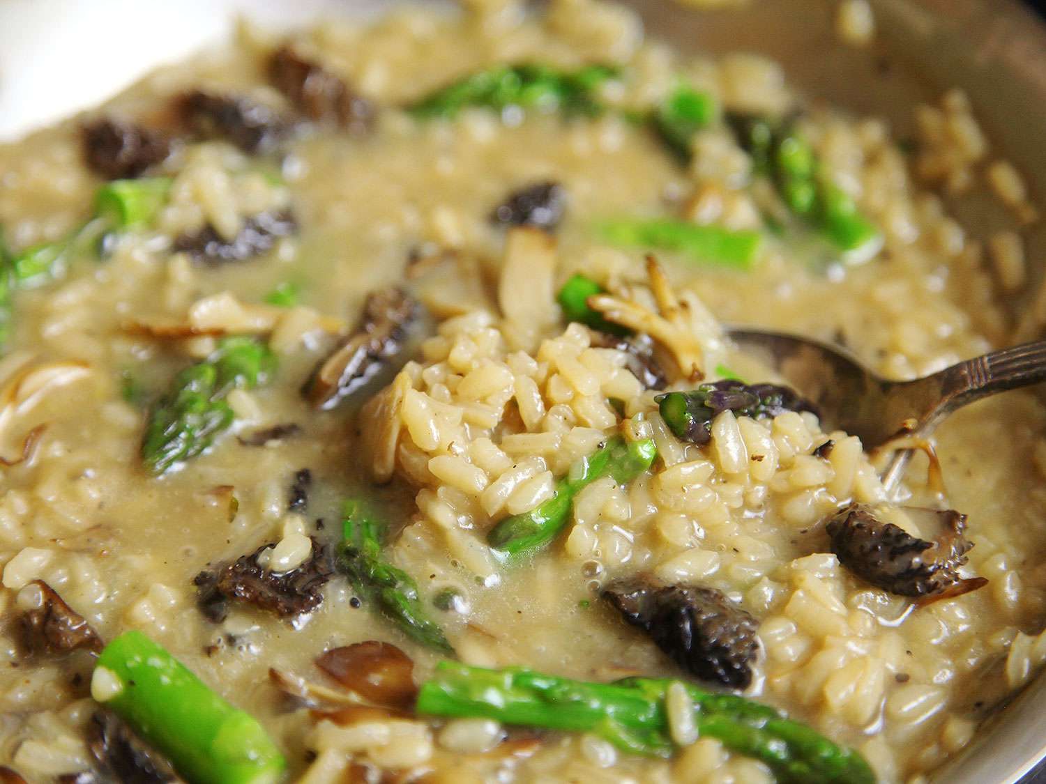 Close-up of mushroom asparagus risotto being stirred in a pot.
