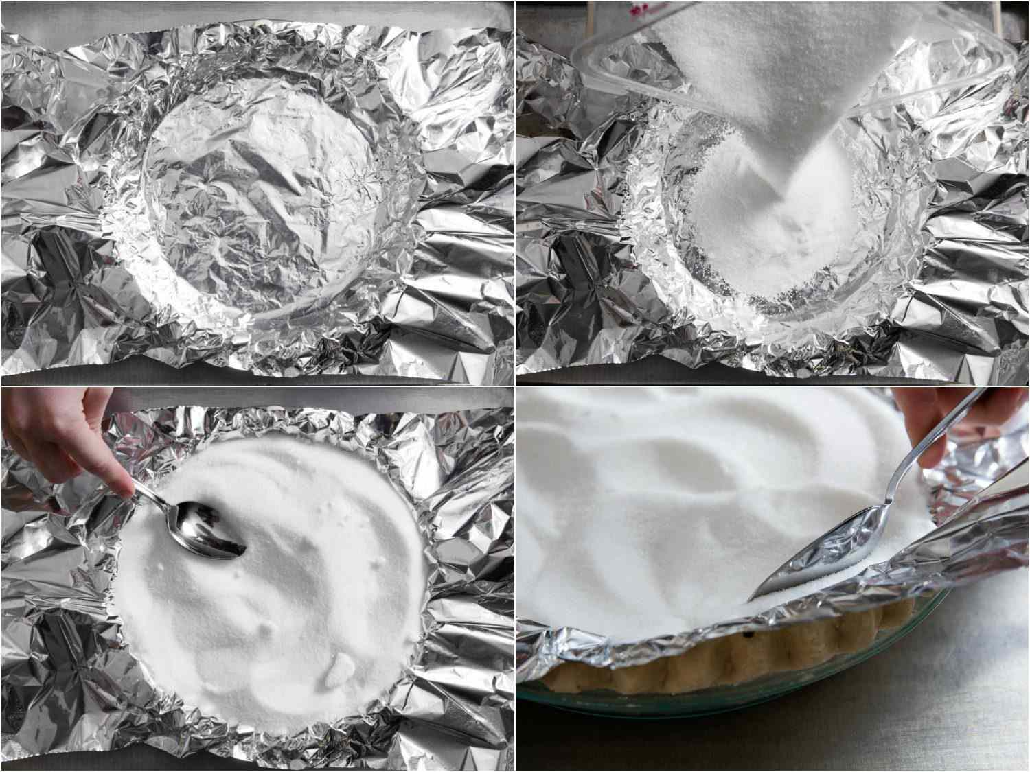 Four images showing process of filling pie with sugar.