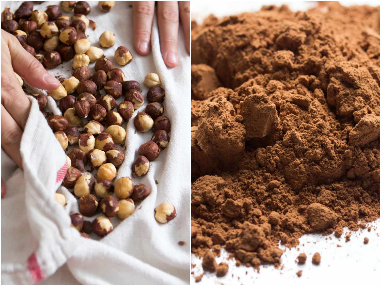 Two side-by-side photos of hazelnuts in a towel, and a pile of cocoa powder.