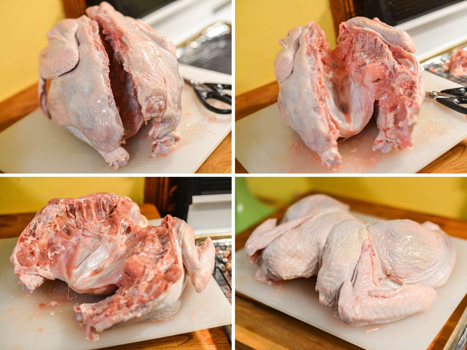 A photo collage showing the process of spatchcocking: removing the backbone, butterflying the turkey, and flipping and flattening it.