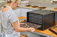 A person holding the tray of Excalibur Electric Food Dehydrator Machine